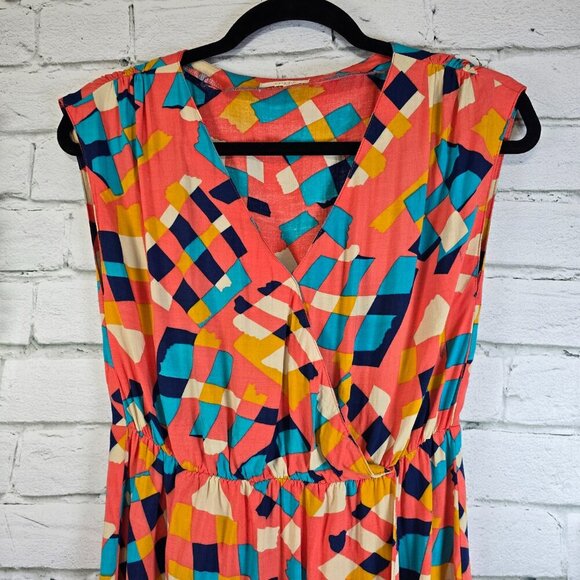 WOMENS CORAL CONFETTI PRINT SHIFT DRESS 100% RAYON VNECK CROSS FRONT SIZE SMALL - Picture 5 of 6